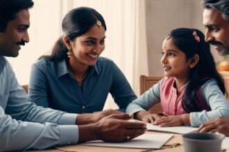 A heartwarming family moment where a young girl is engaged in a conversation with her parents and grandparents. The family sits around a table with open books, smiling warmly as they discuss and support the girl's thoughts. The setting reflects a nurturing and encouraging atmosphere for learning and dialogue.