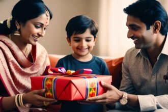 A joyful family moment showing a mother and father dressed in traditional attire presenting a gift-wrapped box to their smiling young son. The gift is wrapped in vibrant red paper with colorful ribbon, creating a warm and festive atmosphere.