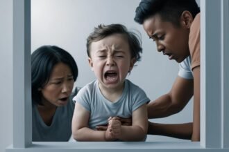 A distressed toddler crying loudly, supported by two concerned adults, likely parents, as they try to comfort and calm the child. The scene captures a moment of emotional intensity, with worried expressions on the adults' faces and the child's tears clearly visible.